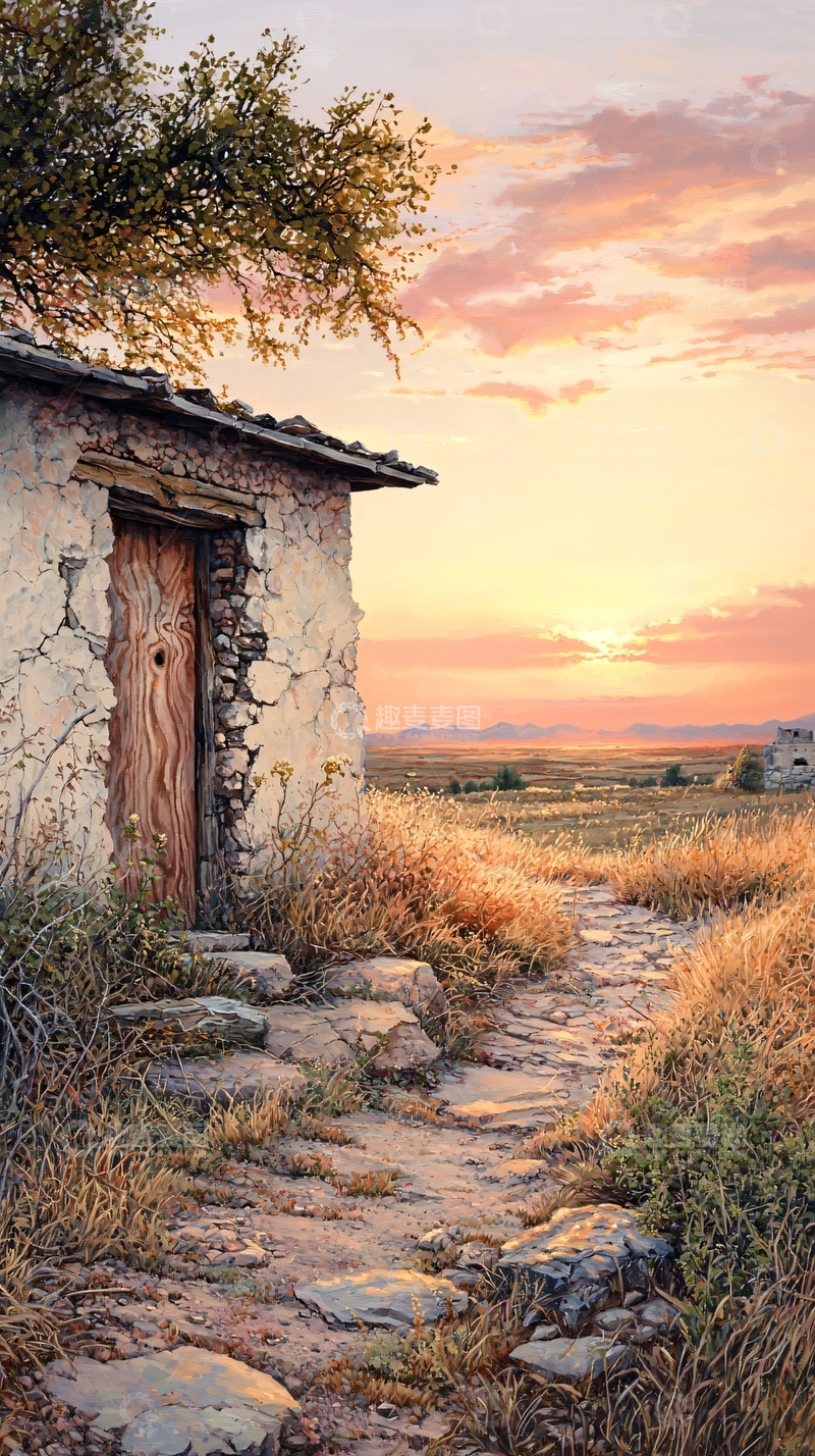 高清大图下载【趣麦麦图】夕阳下的石屋与小径