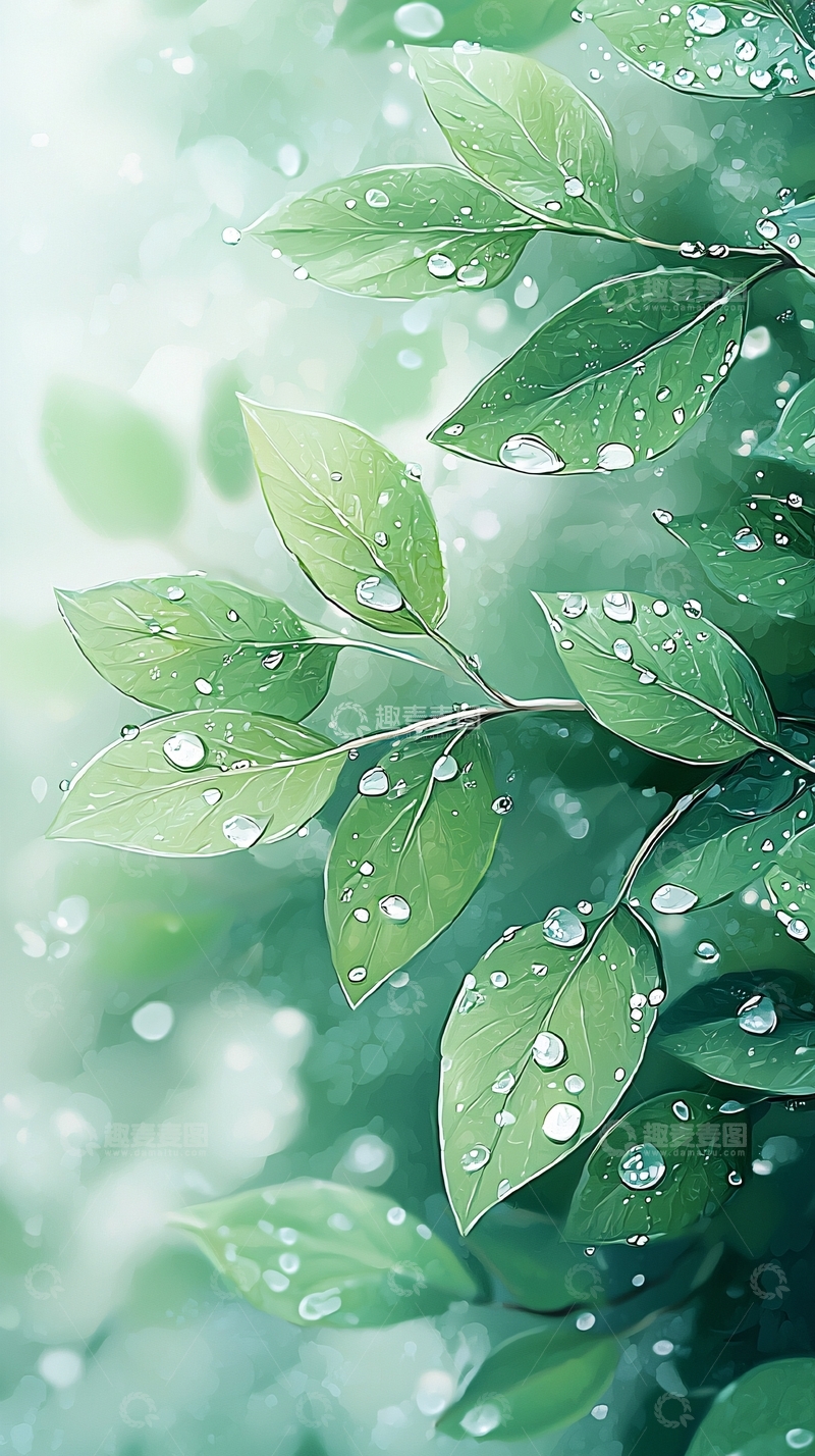 高清大图下载【趣麦麦图】雨后清新绿叶水珠自然背景