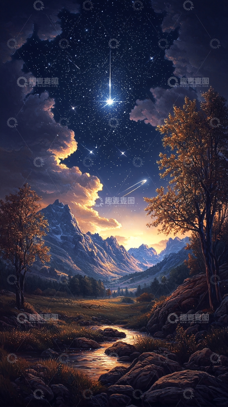 高清大图下载【趣麦麦图】夜空下的山间溪流