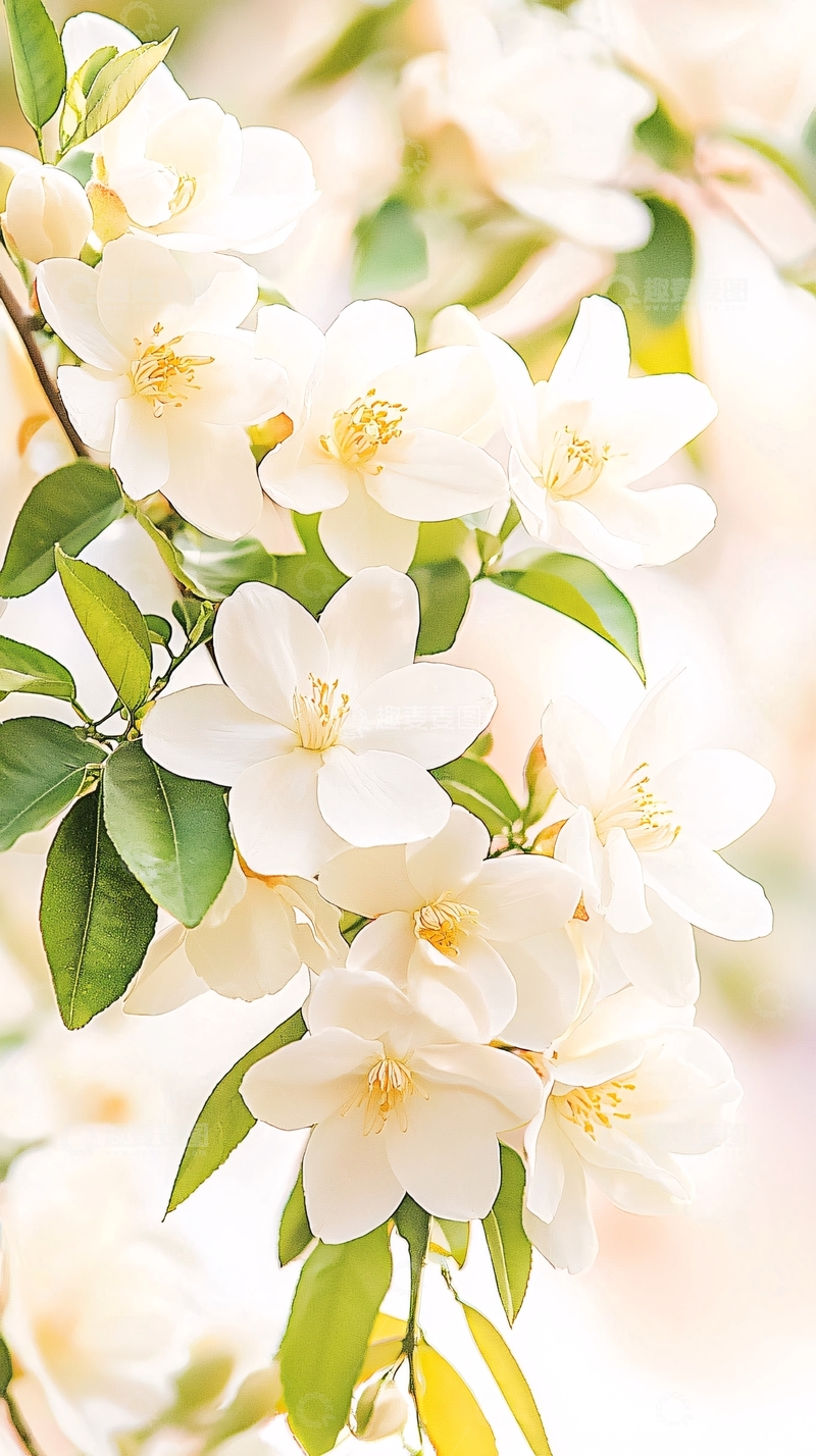 高清大图下载【趣麦麦图】白色花朵与绿叶自然背景