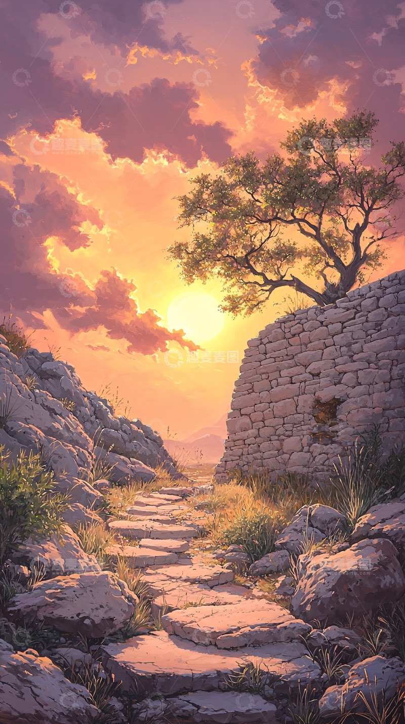 高清大图下载【趣麦麦图】夕阳下的石径与老树