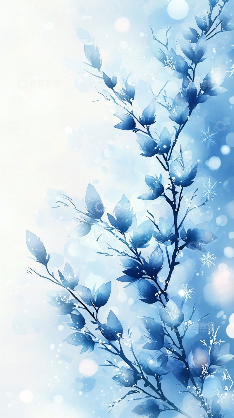 高清大图下载【趣麦麦图】冬日雪景蓝色花卉背景