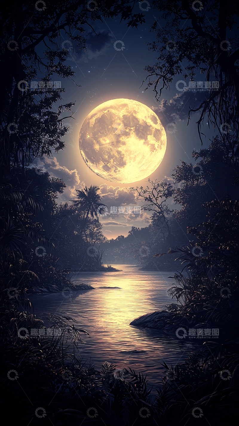 高清大图下载【趣麦麦图】月光下的丛林小河