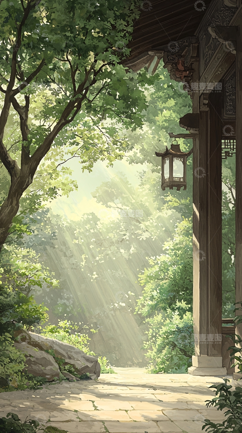 高清大图下载【趣麦麦图】古风庭院阳光透过树叶