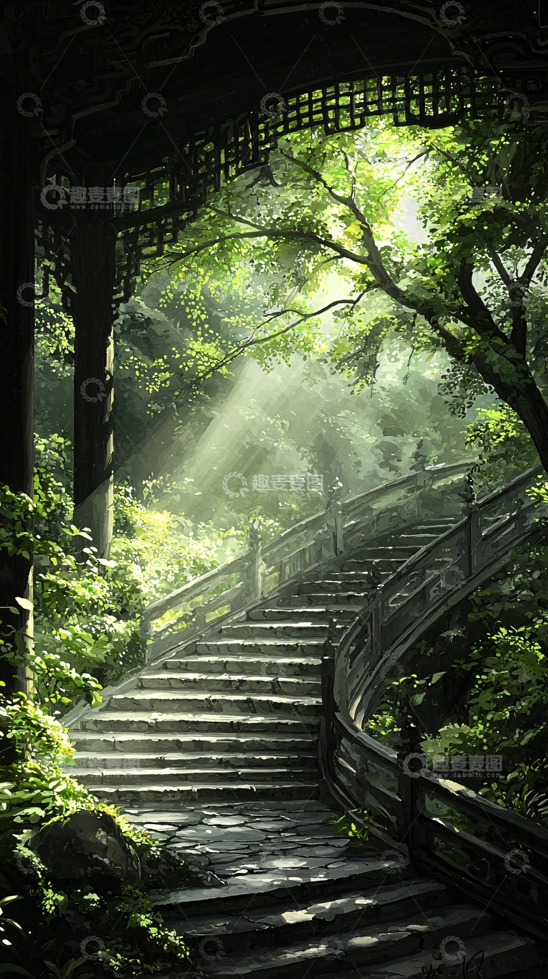 高清大图下载【趣麦麦图】古桥石阶森林光影