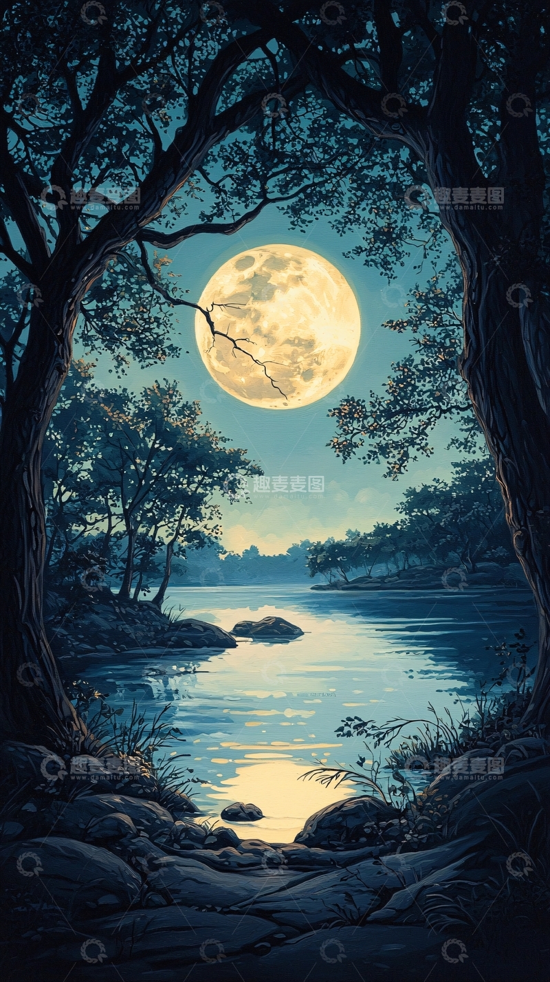 高清大图下载【趣麦麦图】月光下的宁静河流