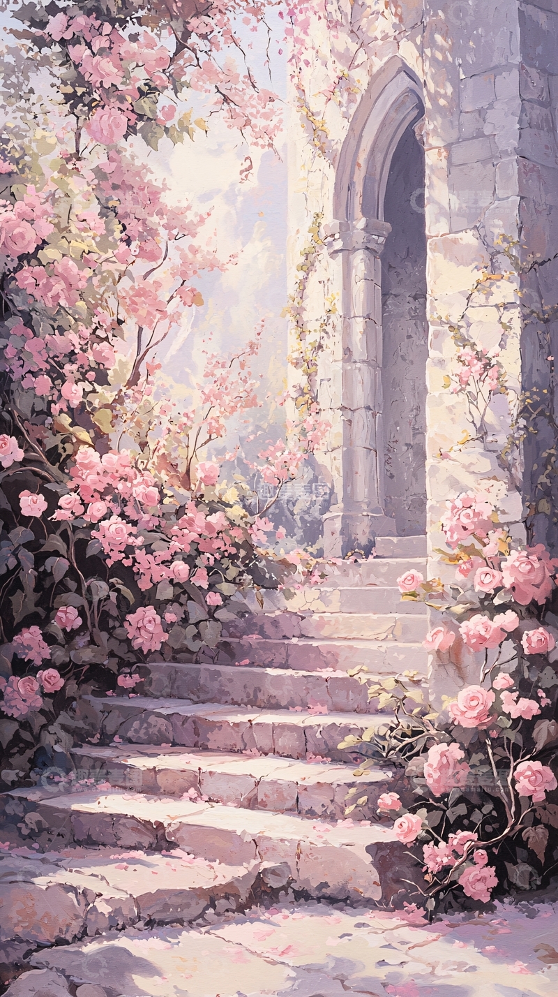 高清大图下载【趣麦麦图】粉色花朵与石阶的梦幻花园