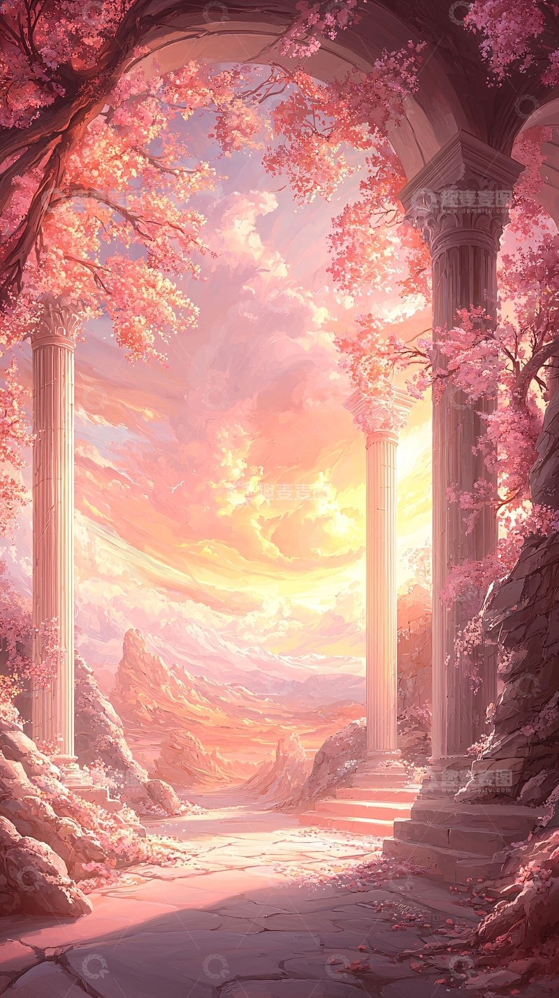 高清大图下载【趣麦麦图】樱花古道夕阳美景