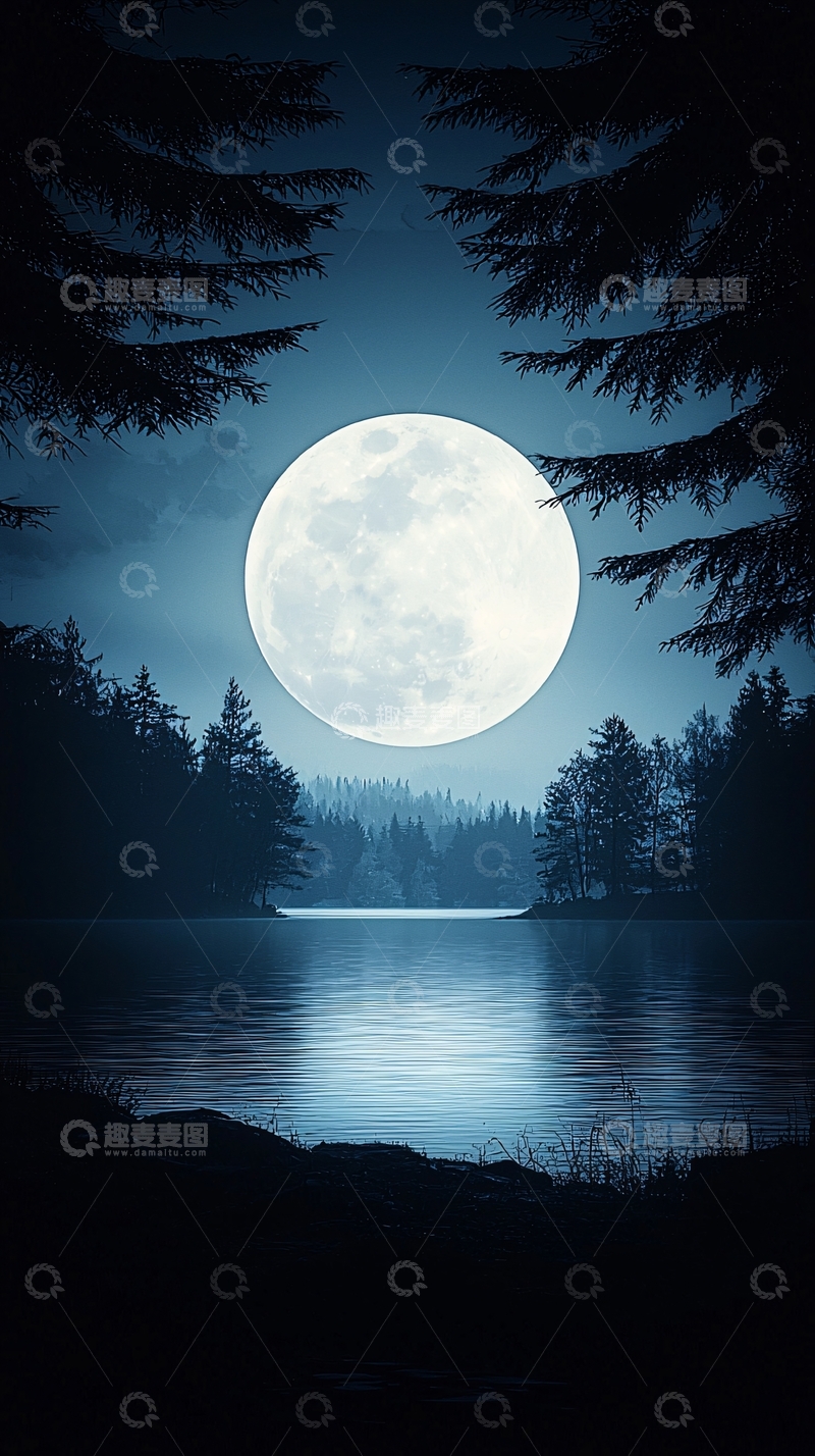 高清大图下载【趣麦麦图】月光下的宁静湖景