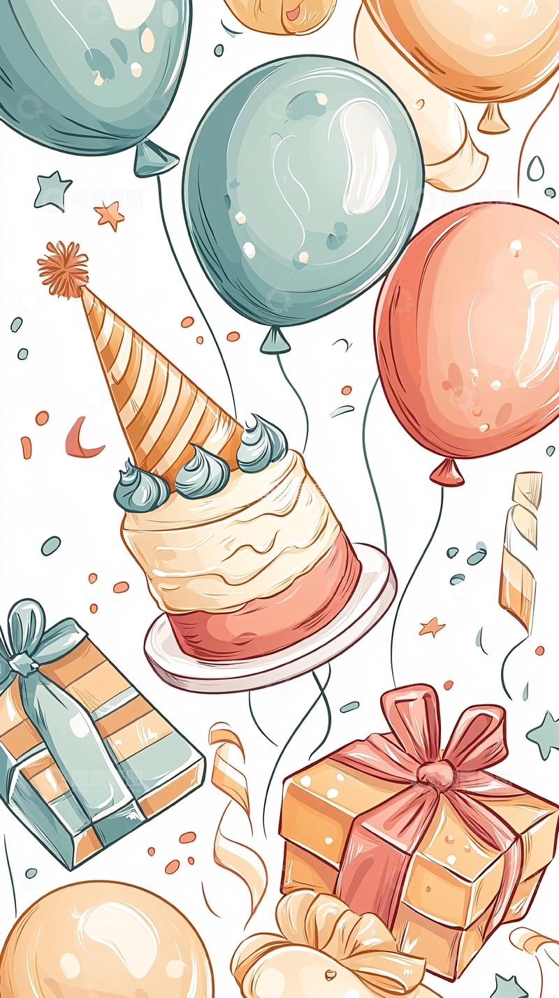 高清大图下载【趣麦麦图】生日蛋糕礼物气球庆祝插画