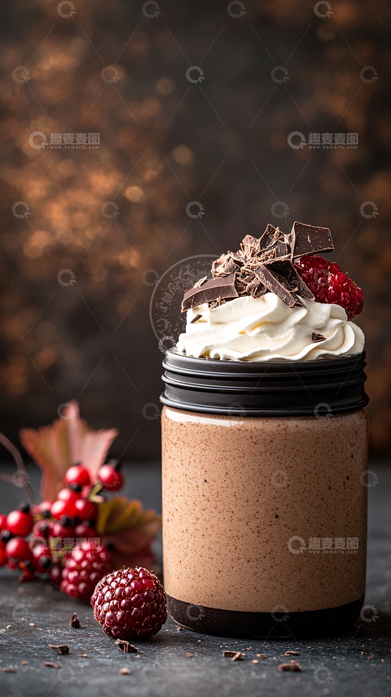 高清大图下载【趣麦麦图】巧克力慕斯杯搭配鲜果和奶油