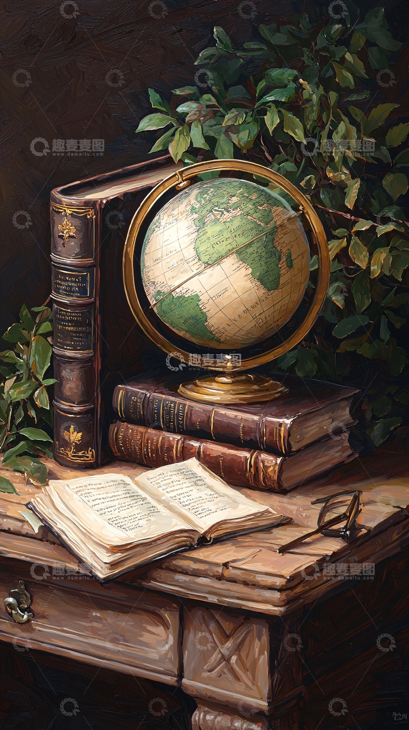 高清大图下载【趣麦麦图】复古书桌上的地球仪与书籍
