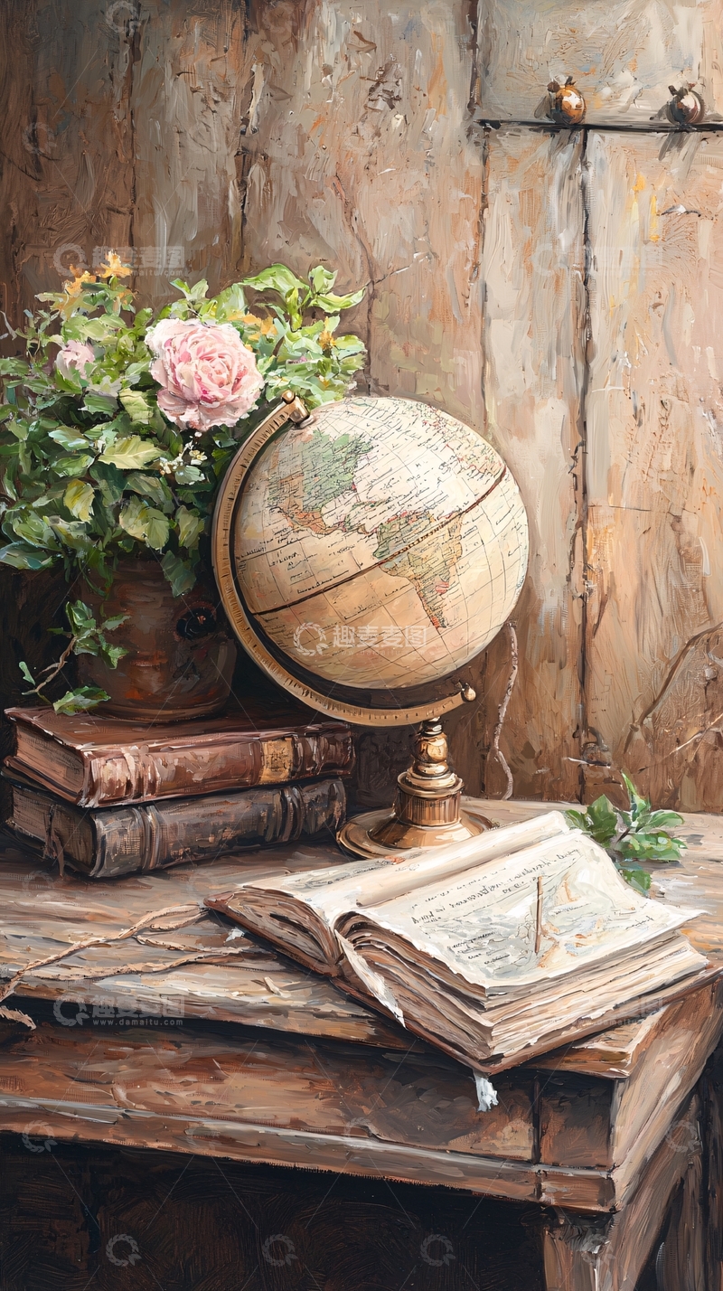 高清大图下载【趣麦麦图】复古书桌上的地球仪与书籍