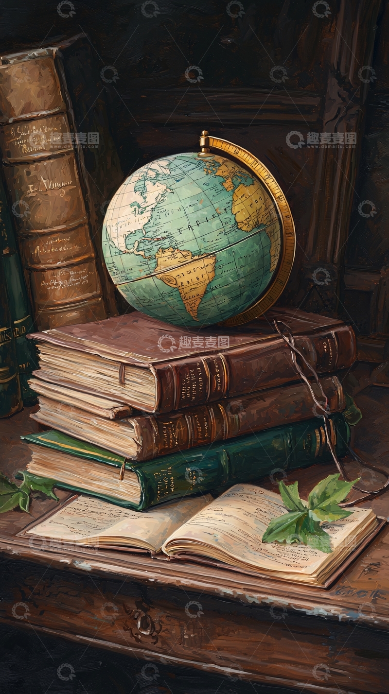 高清大图下载【趣麦麦图】古董书桌上的地球仪与书籍