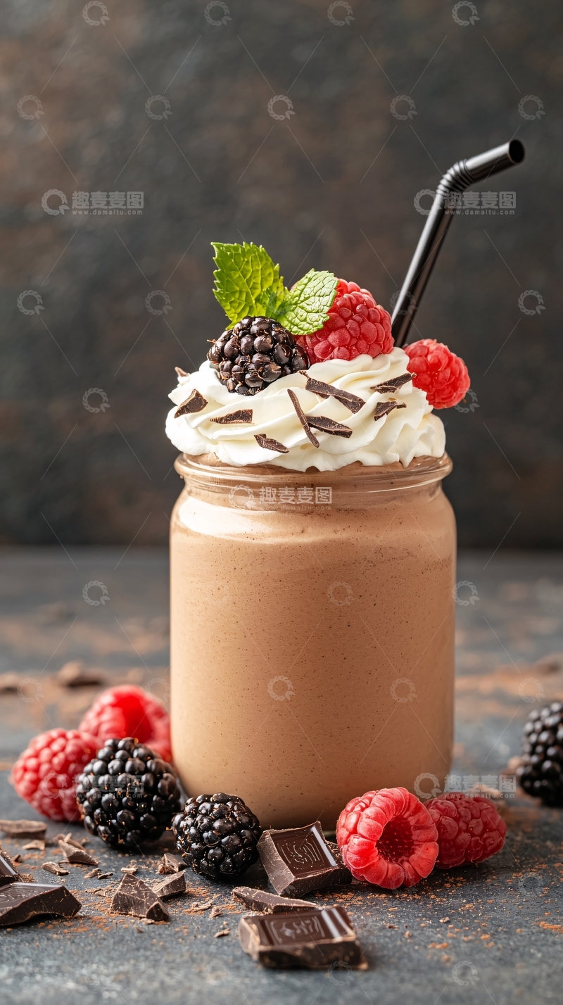 高清大图下载【趣麦麦图】巧克力奶昔搭配新鲜浆果和奶油