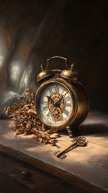 复古闹钟与钥匙的艺术静物画
