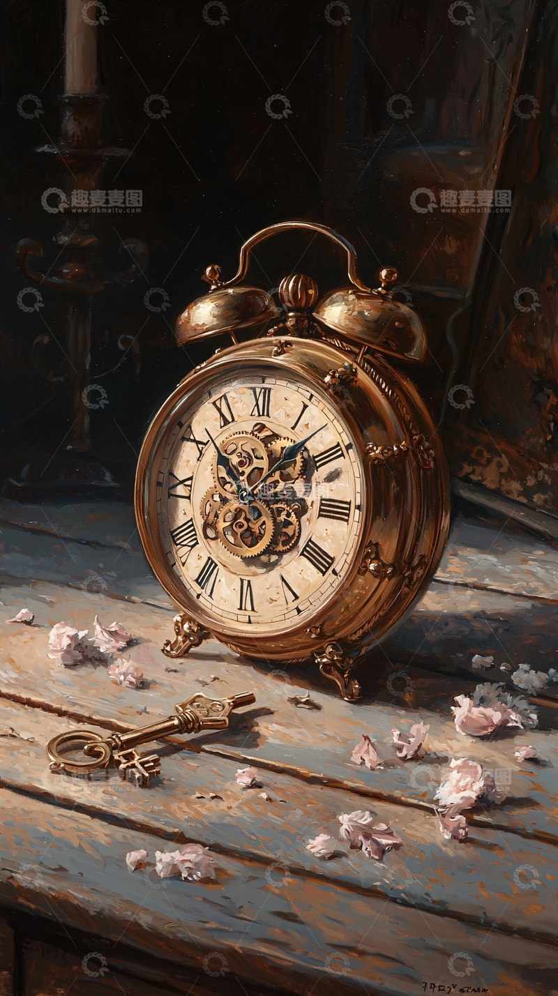 高清大图下载【趣麦麦图】复古闹钟与钥匙的艺术静物画