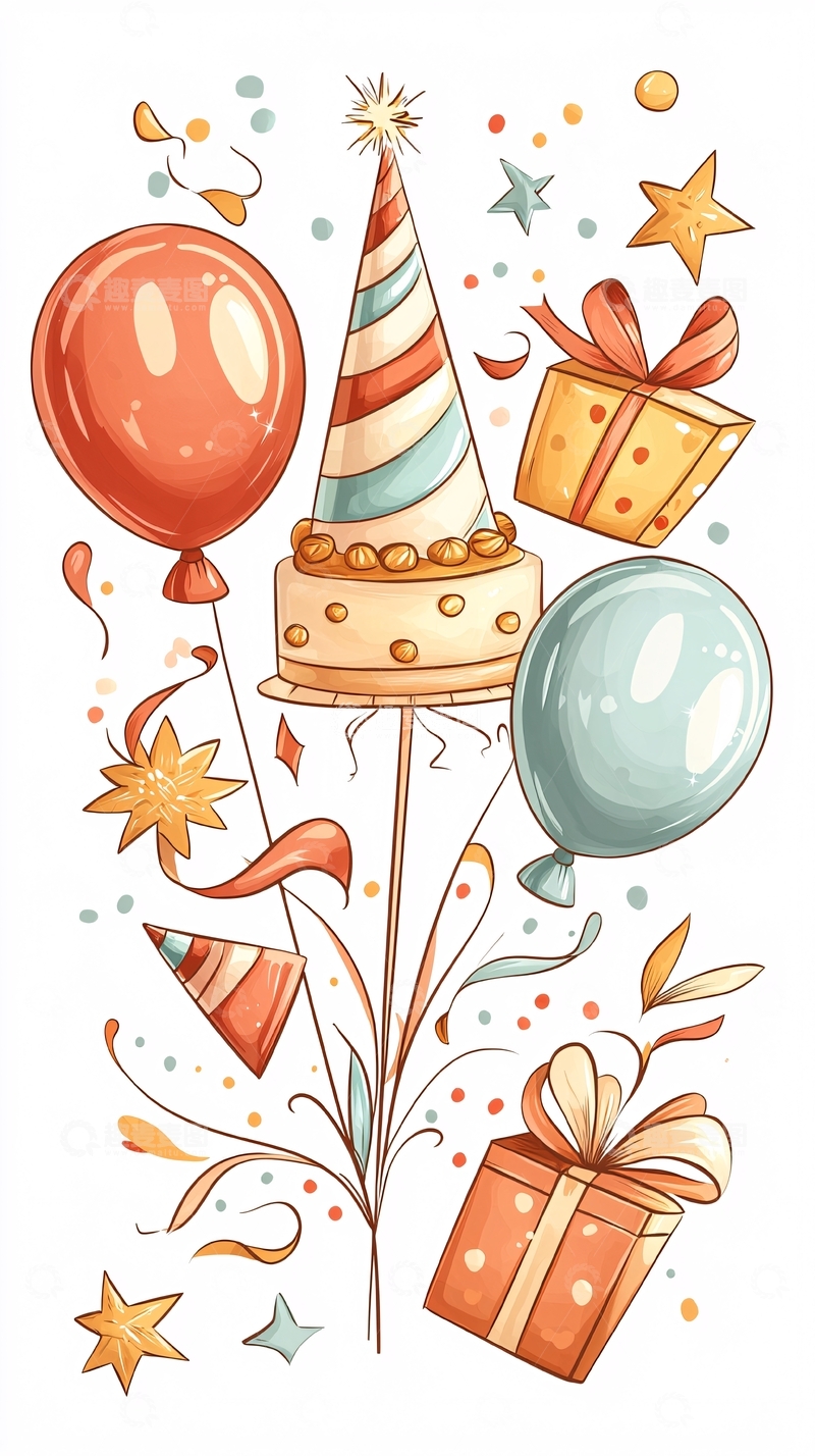 高清大图下载【趣麦麦图】生日蛋糕礼物气球庆祝插画