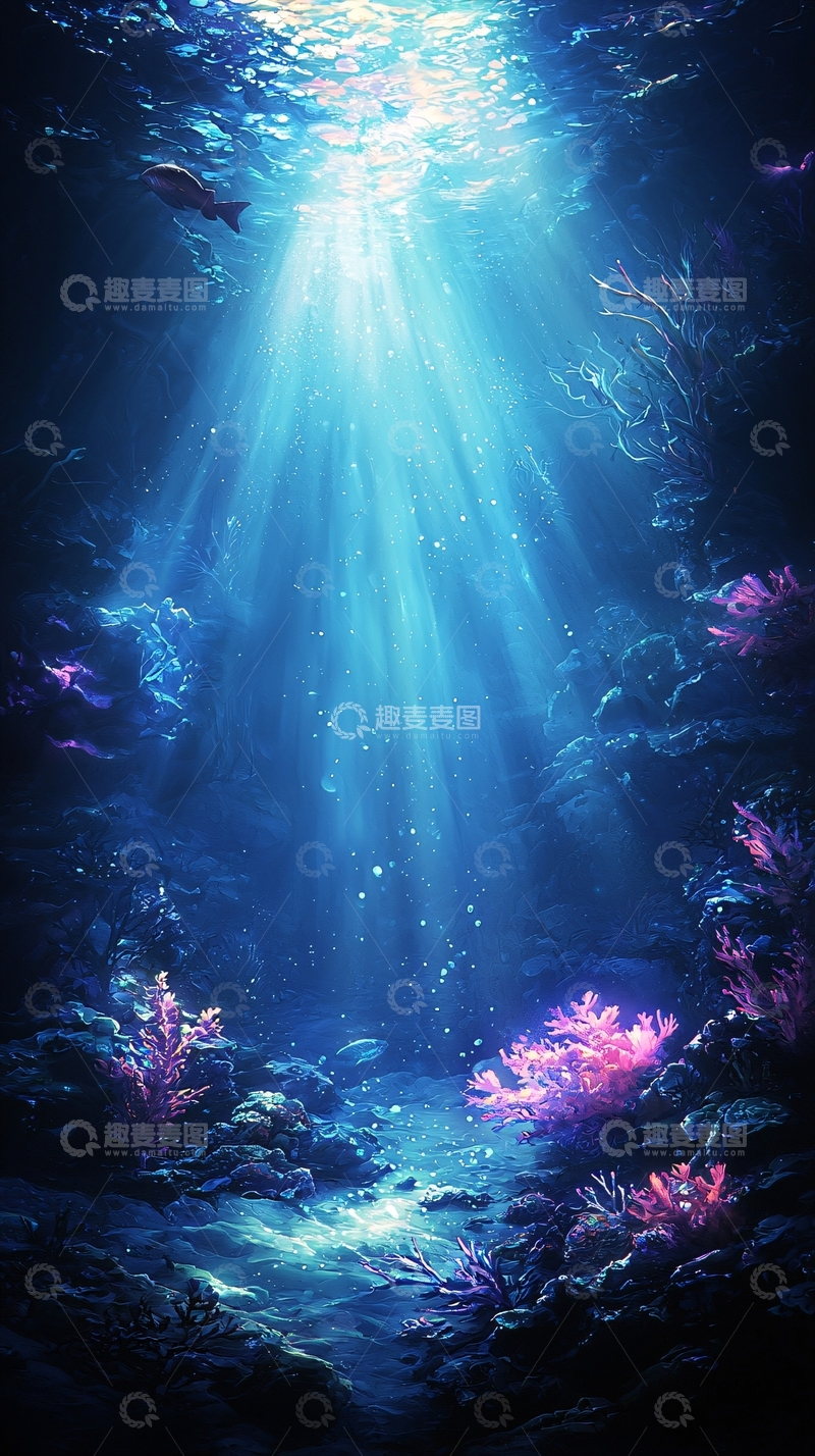 高清大图下载【趣麦麦图】深海光束下的珊瑚礁