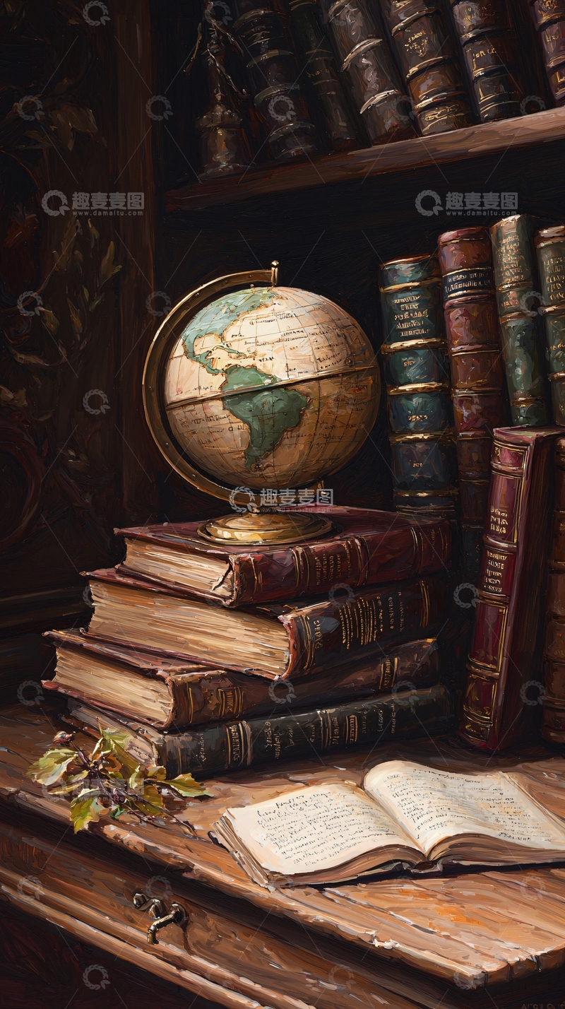 高清大图下载【趣麦麦图】古董书桌上的地球仪与书籍