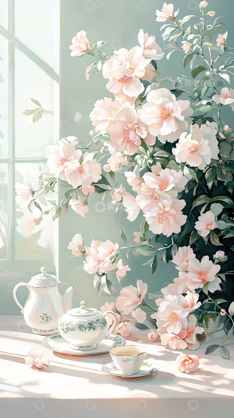 高清大图下载【趣麦麦图】春日茶香与花影