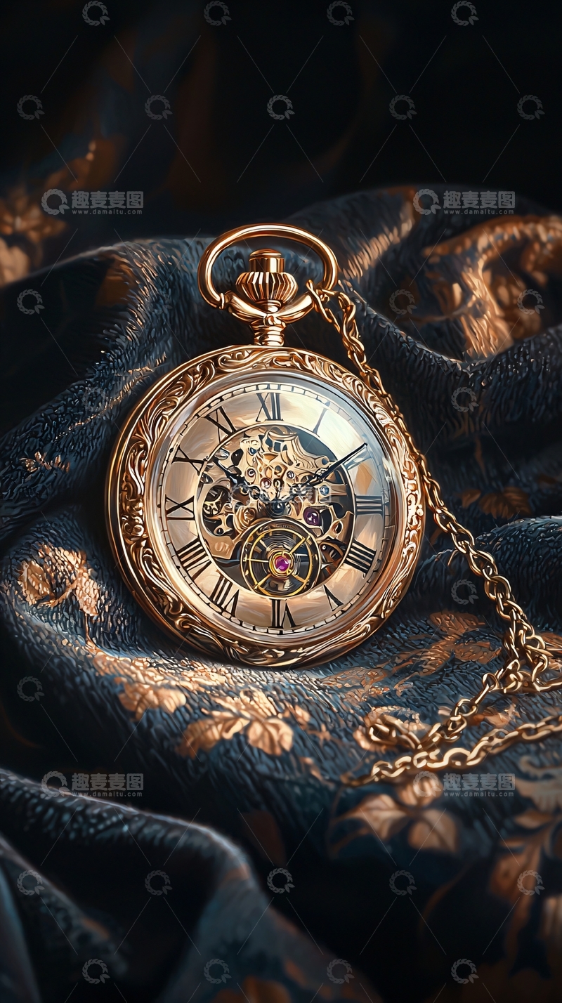 高清大图下载【趣麦麦图】金色怀表与华丽布料