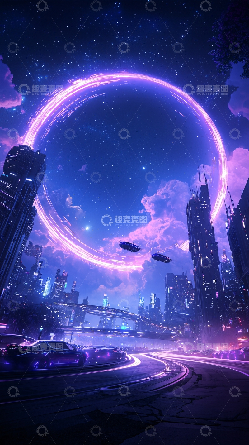 高清大图下载【趣麦麦图】未来城市夜景科幻环形光效