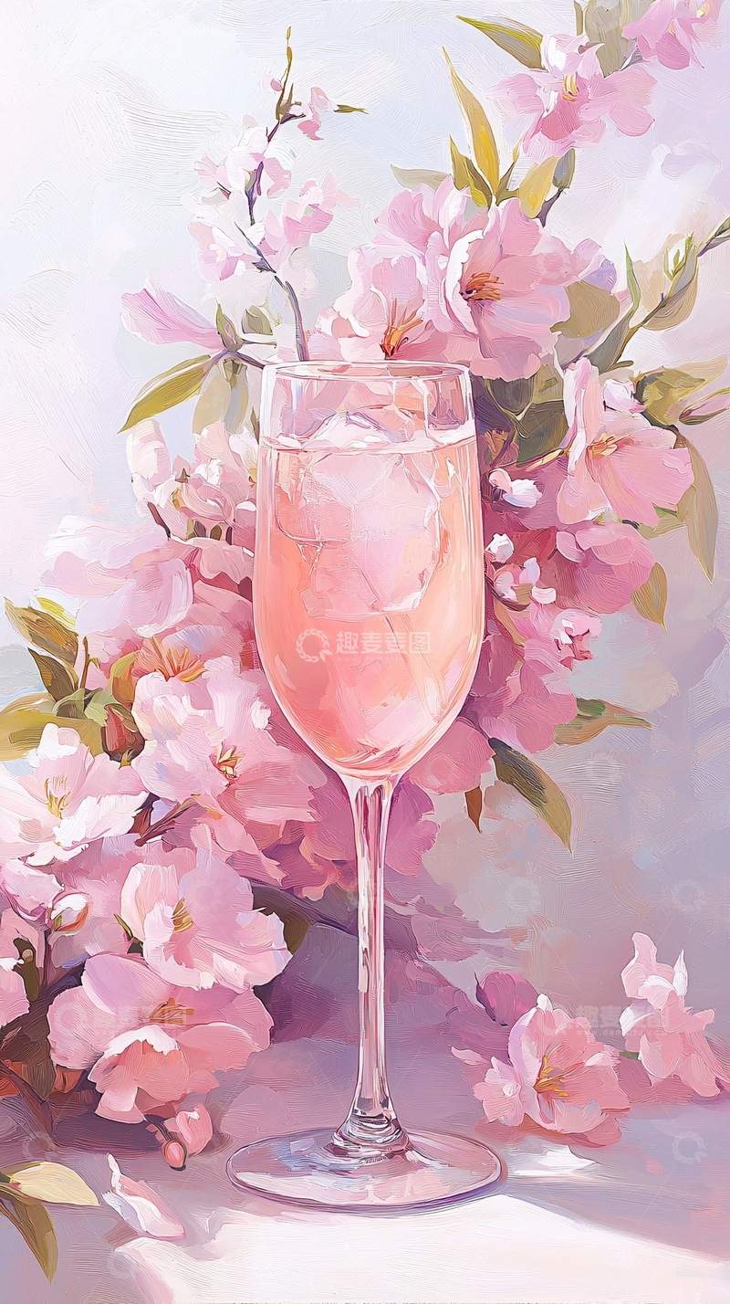 高清大图下载【趣麦麦图】粉色樱花与香槟酒