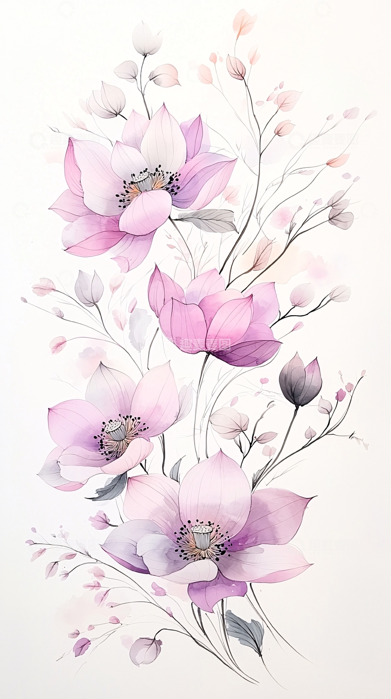 高清大图下载【趣麦麦图】梦幻紫色花卉插画素材