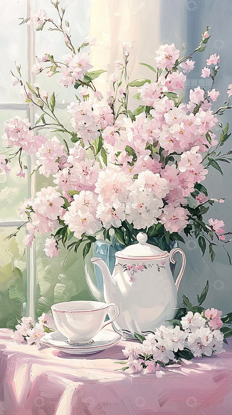 高清大图下载【趣麦麦图】春日茶会与樱花插画