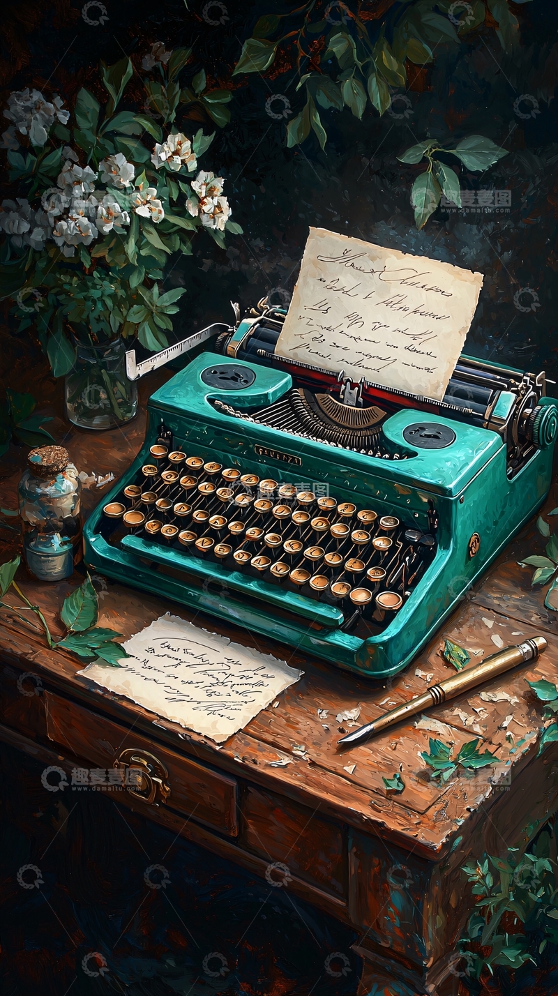 高清大图下载【趣麦麦图】复古打字机与手写信件