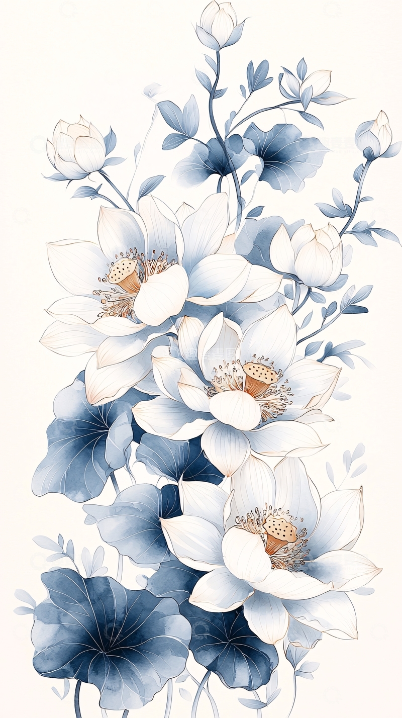 高清大图下载【趣麦麦图】蓝色莲花手绘插画素材