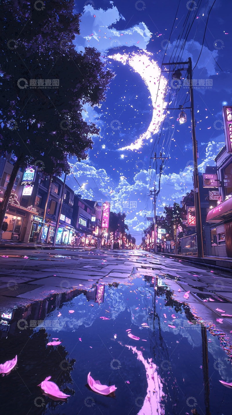 高清大图下载【趣麦麦图】夜晚樱花雨下的城市街道