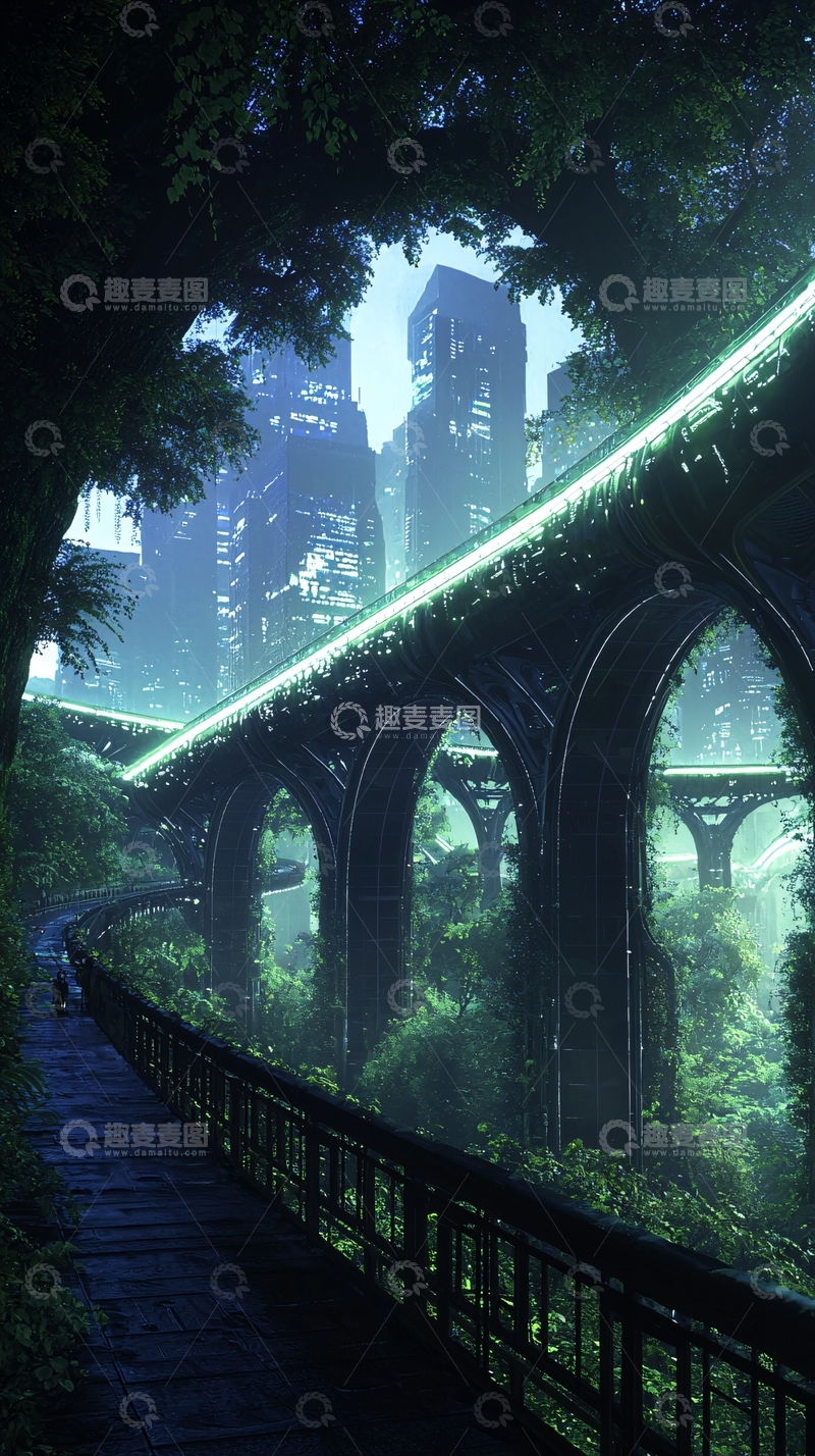 高清大图下载【趣麦麦图】未来森林中的高架桥