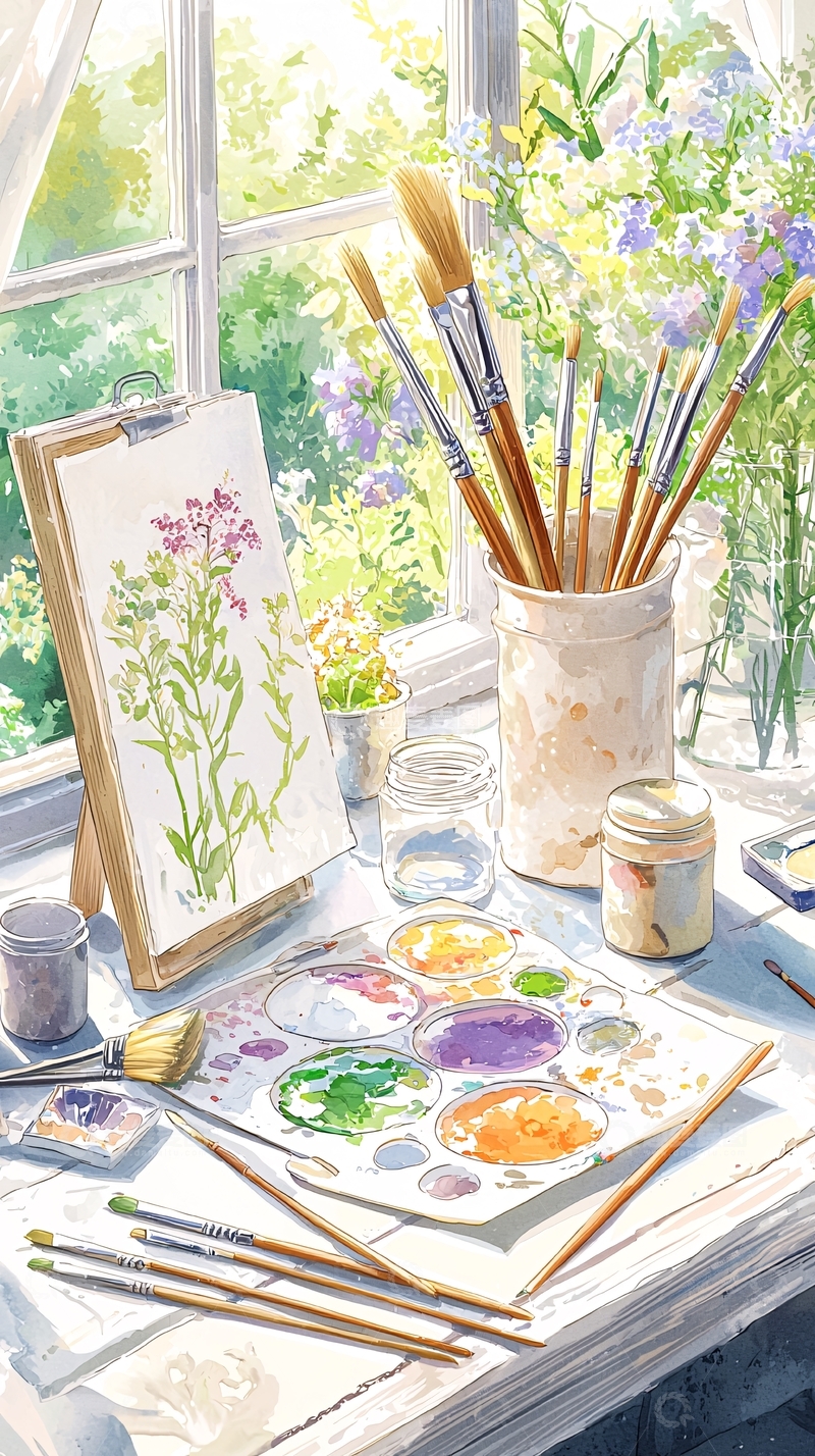 高清大图下载【趣麦麦图】阳光下的水彩画桌