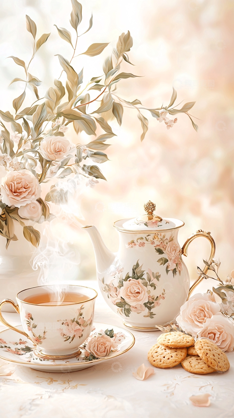 高清大图下载【趣麦麦图】优雅茶具与花束的下午茶场景