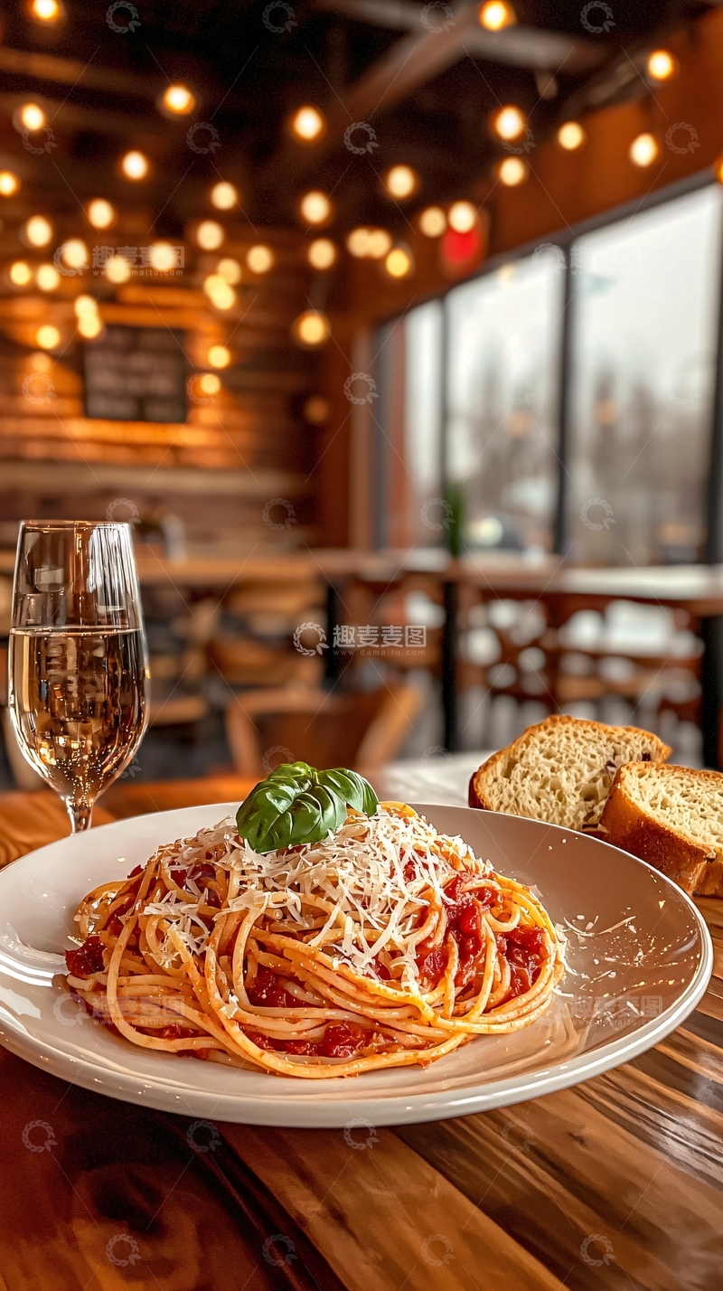 高清大图下载【趣麦麦图】意大利面与面包的温馨晚餐