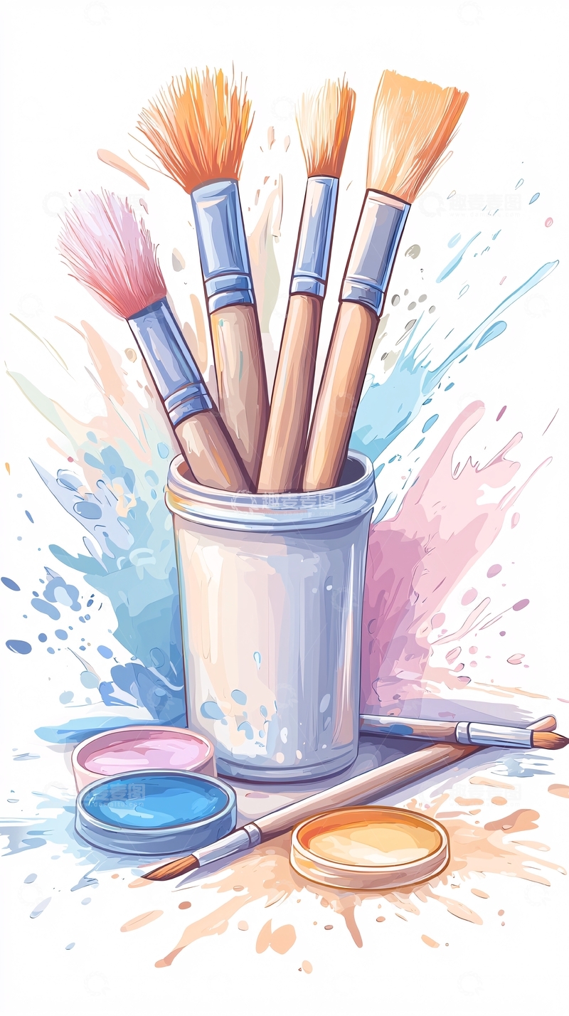 高清大图下载【趣麦麦图】艺术画笔与颜料罐