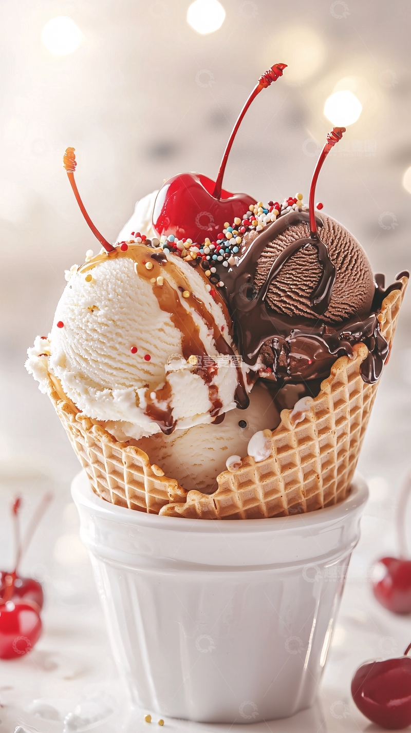 高清大图下载【趣麦麦图】冰淇淋圣代甜点装饰樱桃巧克力酱糖粒