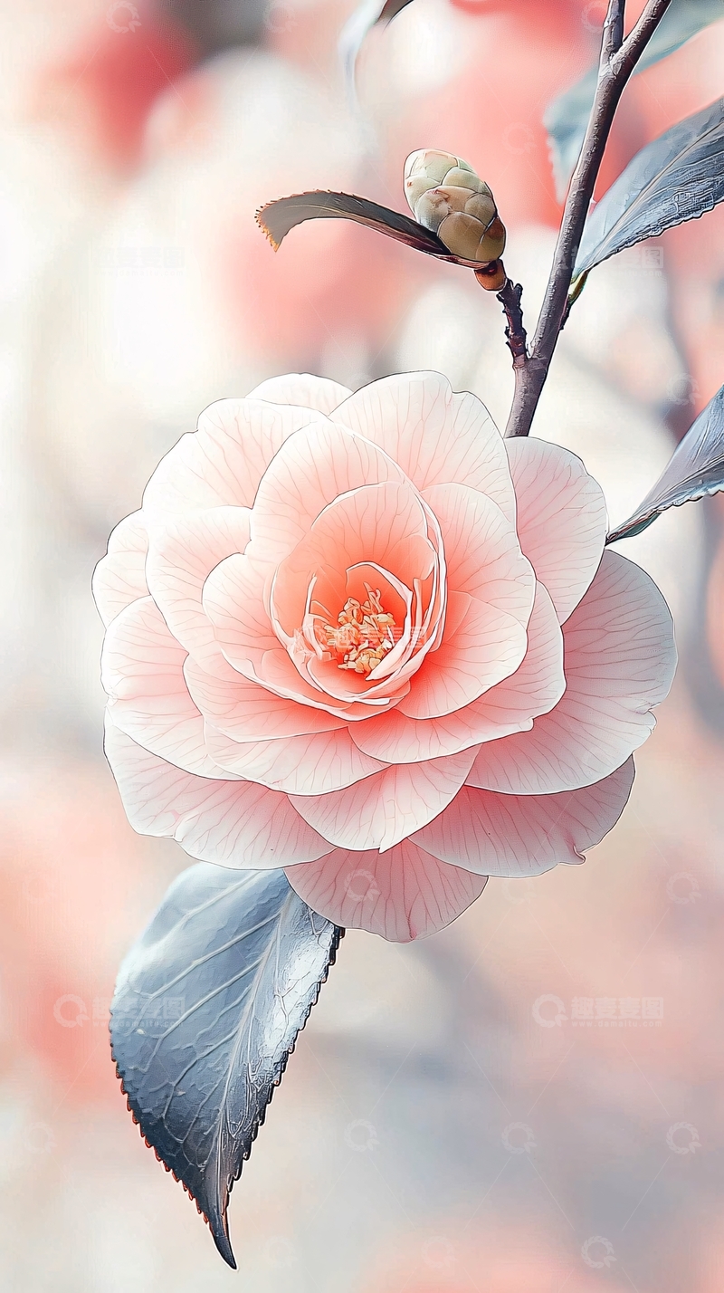 高清大图下载【趣麦麦图】粉红色山茶花与绿叶背景