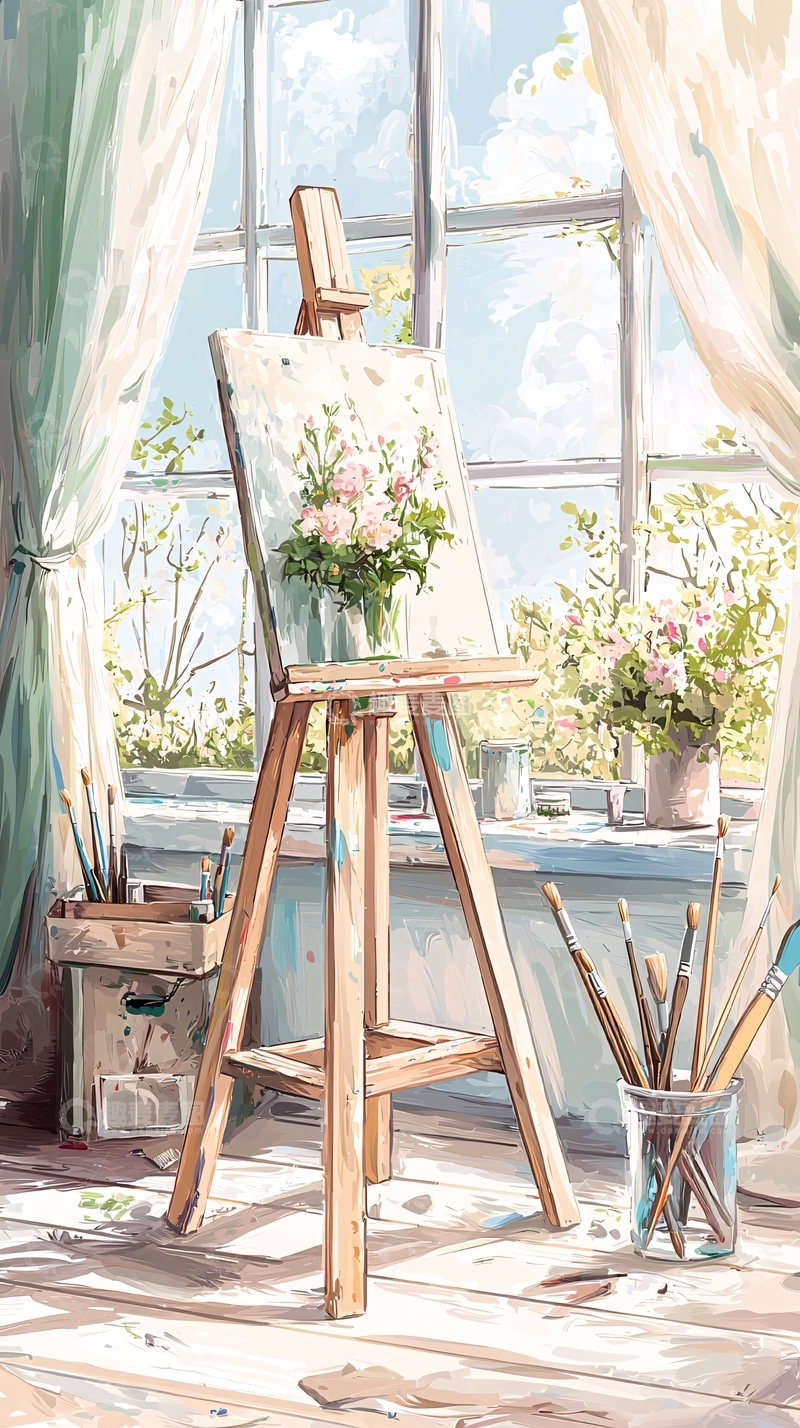 高清大图下载【趣麦麦图】阳光工作室中的画架与花瓶