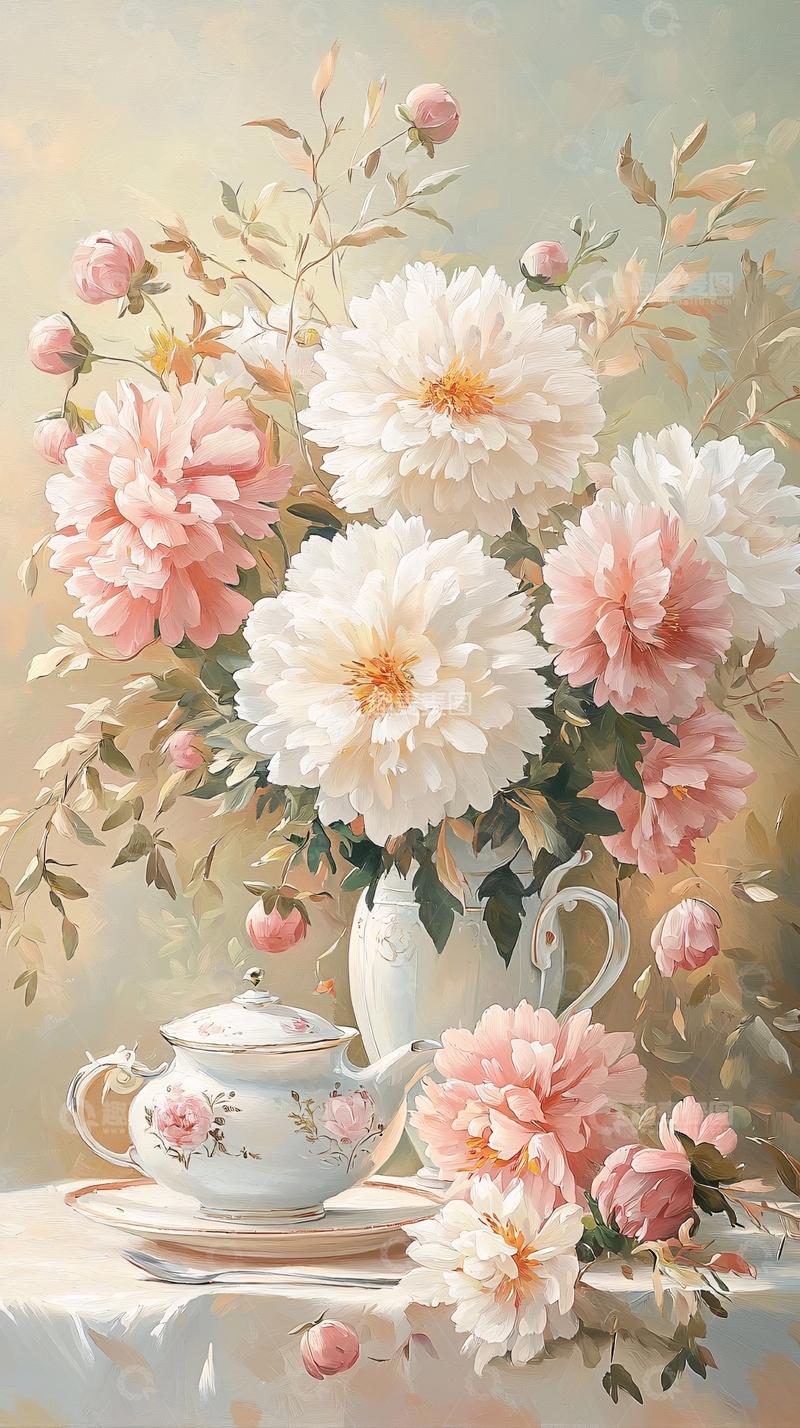 高清大图下载【趣麦麦图】优雅茶具与牡丹花束