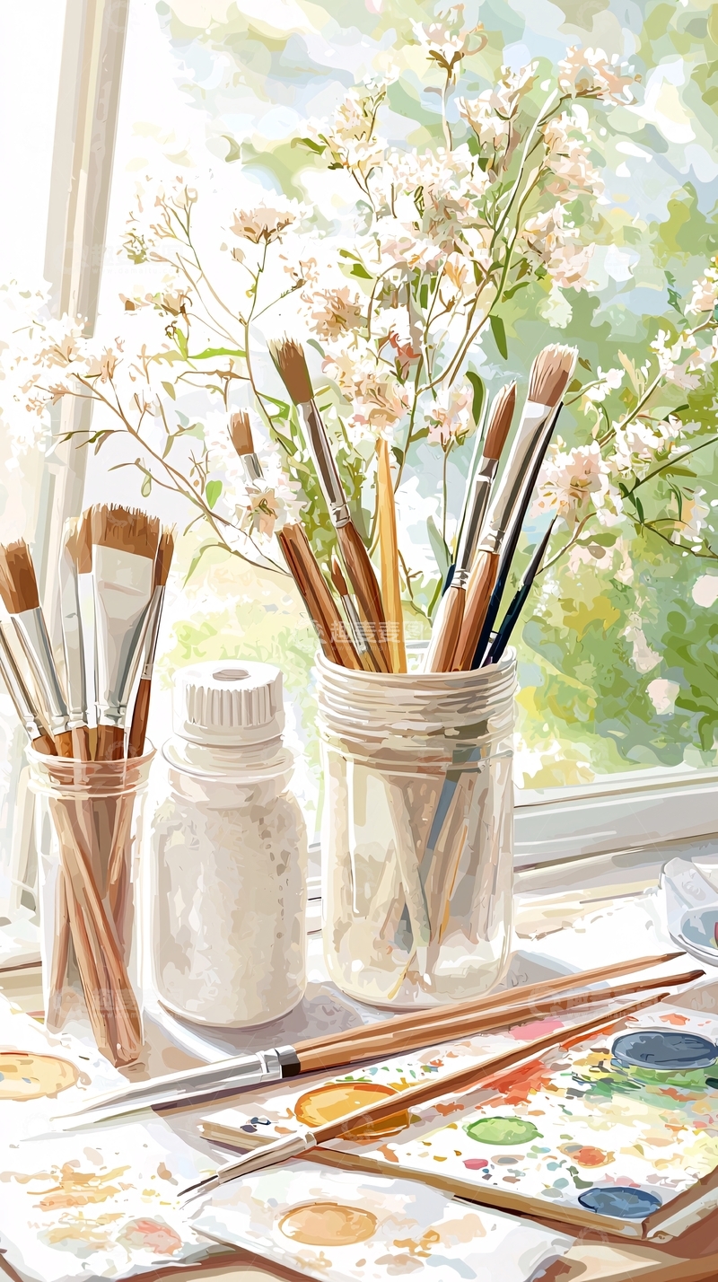高清大图下载【趣麦麦图】花窗边的画笔与调色板