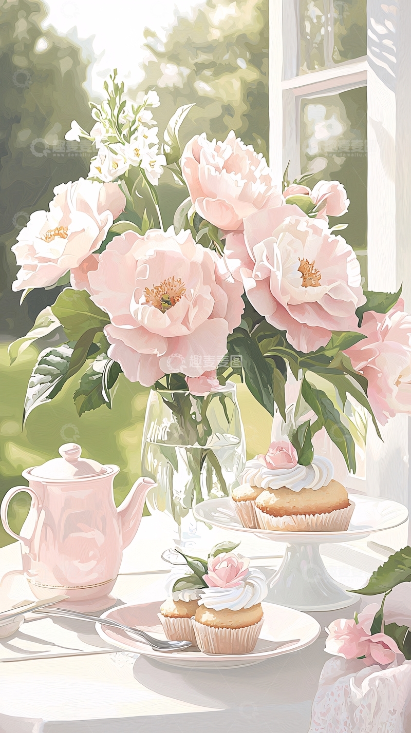 高清大图下载【趣麦麦图】粉色花束与蛋糕茶壶插画