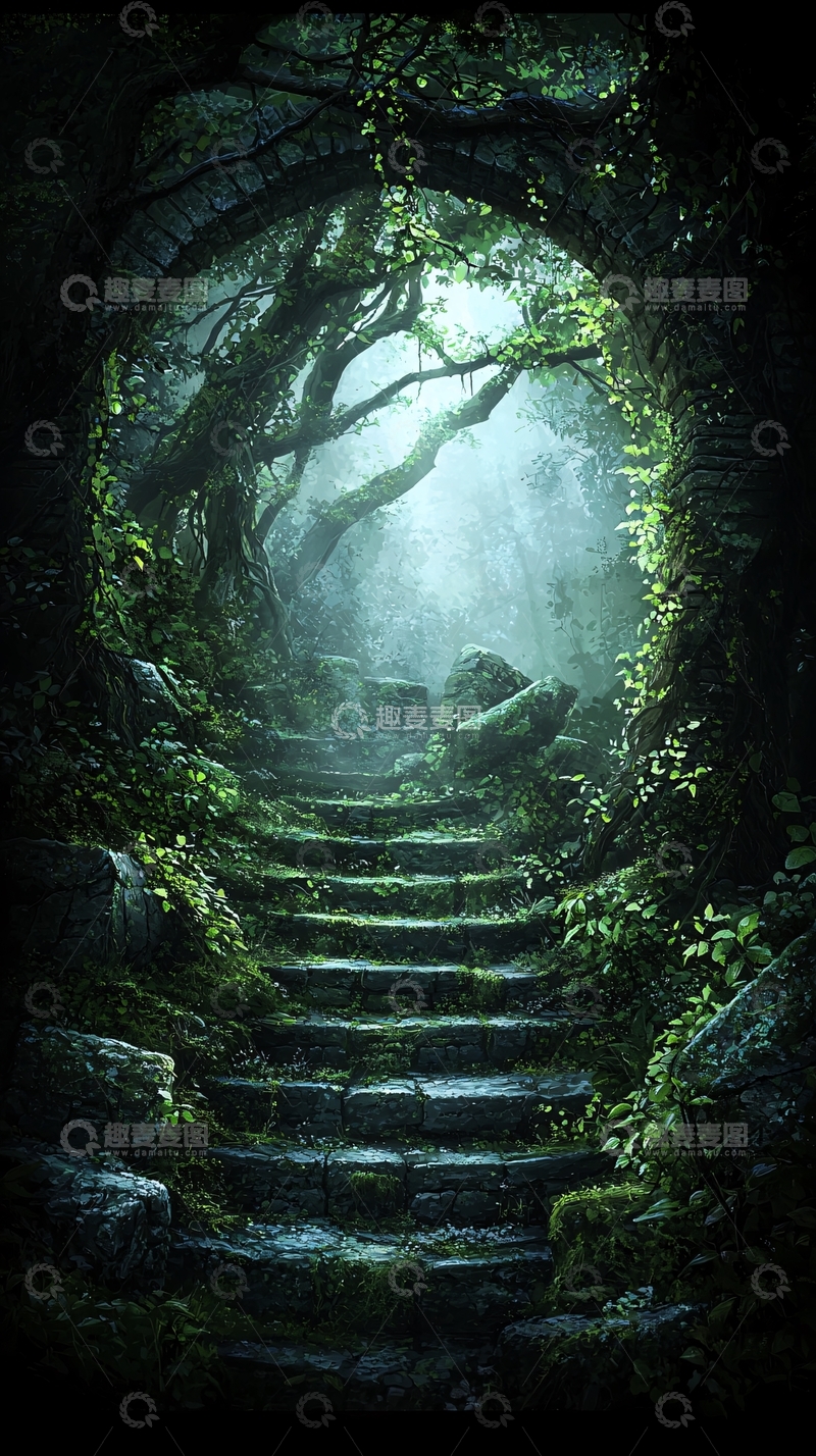 高清大图下载【趣麦麦图】神秘森林中的石阶