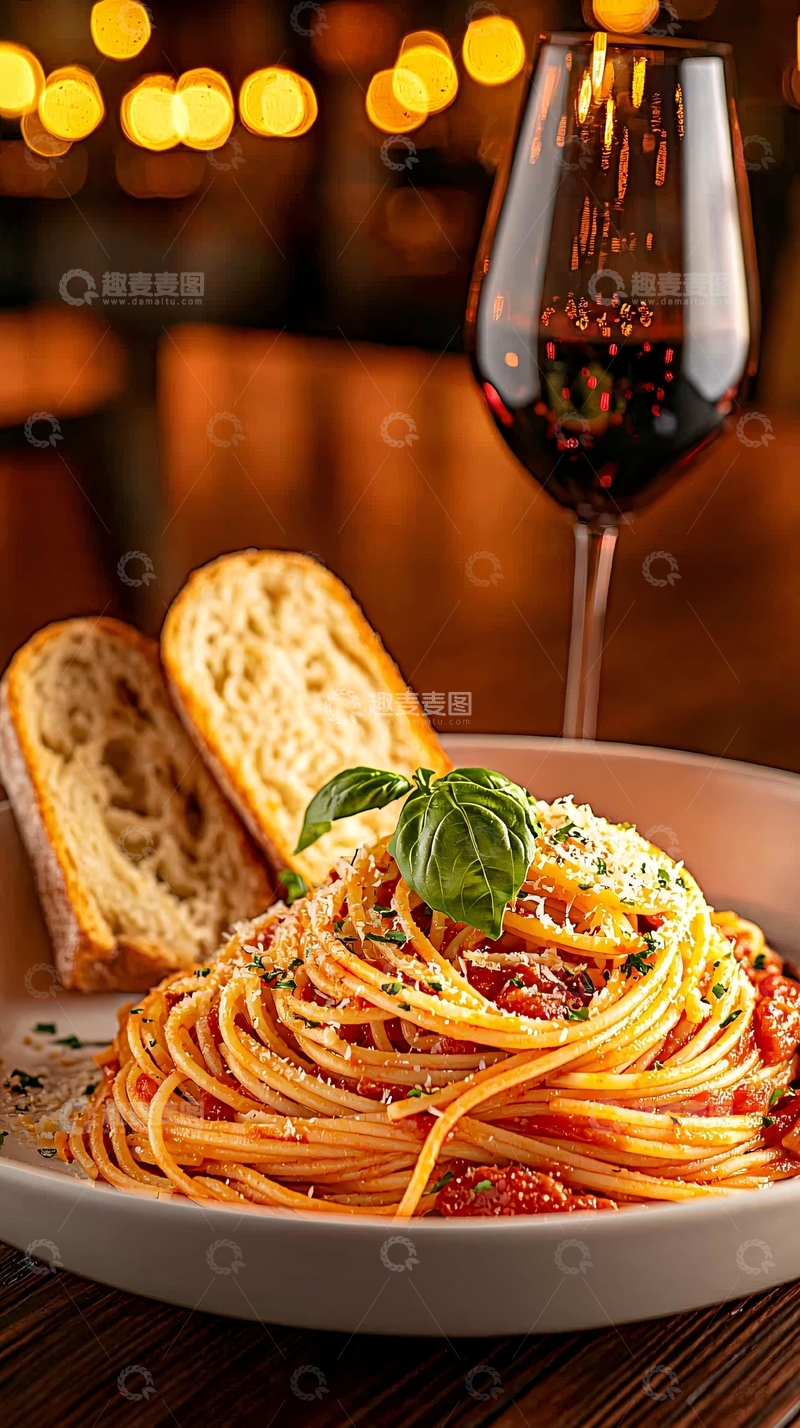 高清大图下载【趣麦麦图】意大利面配红酒和面包