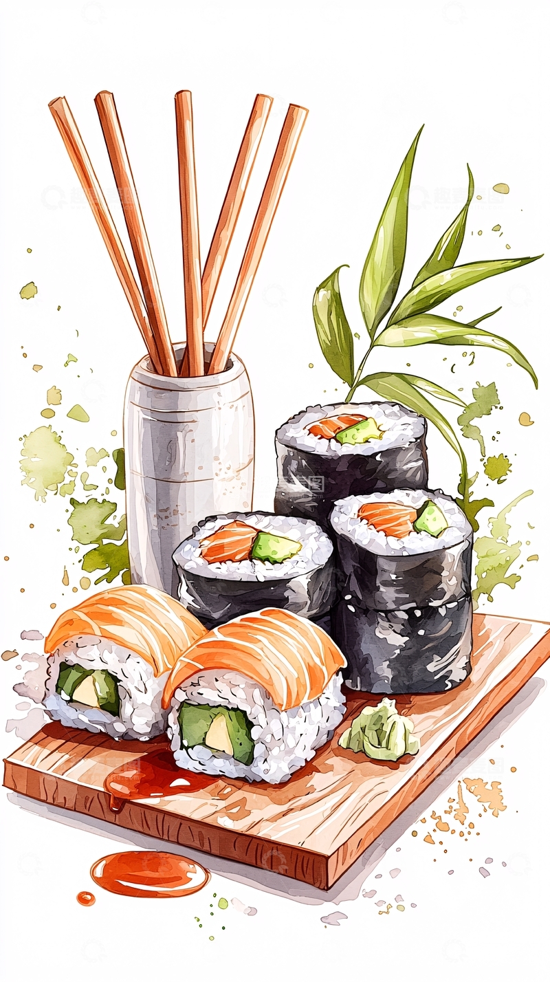 高清大图下载【趣麦麦图】寿司卷与筷子插画
