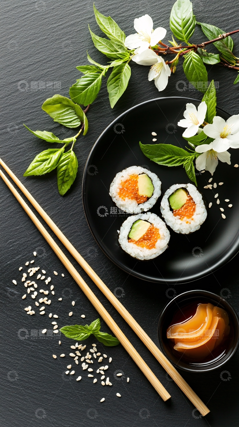 高清大图下载【趣麦麦图】寿司卷搭配酱油和筷子