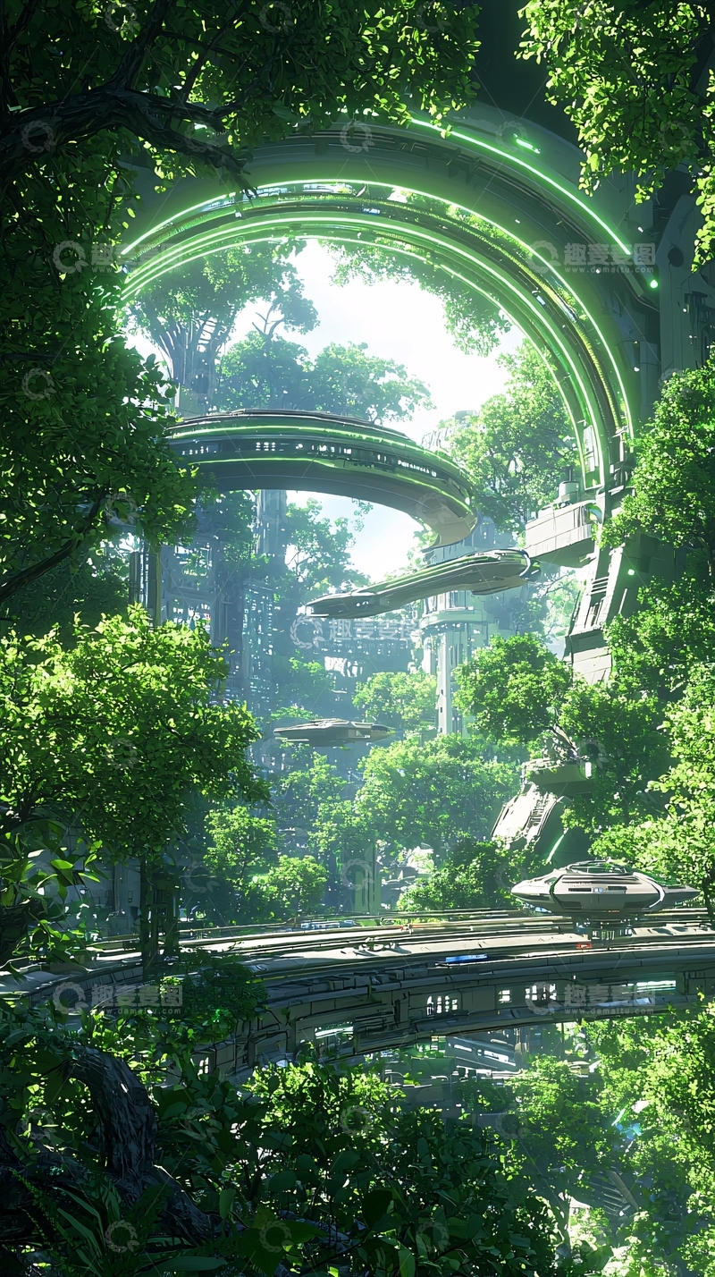 高清大图下载【趣麦麦图】未来森林中的悬浮列车