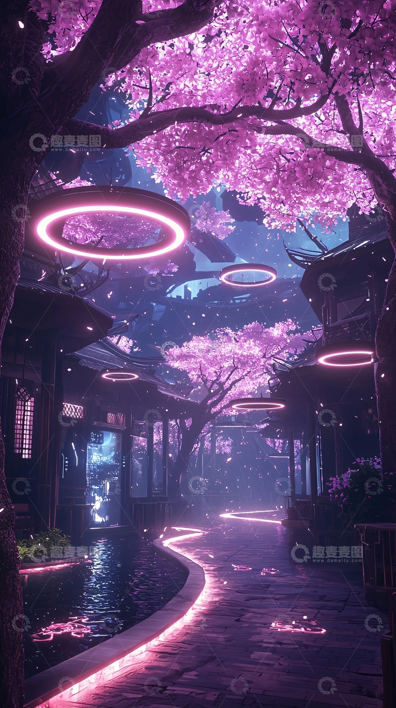 高清大图下载【趣麦麦图】梦幻樱花古街夜景